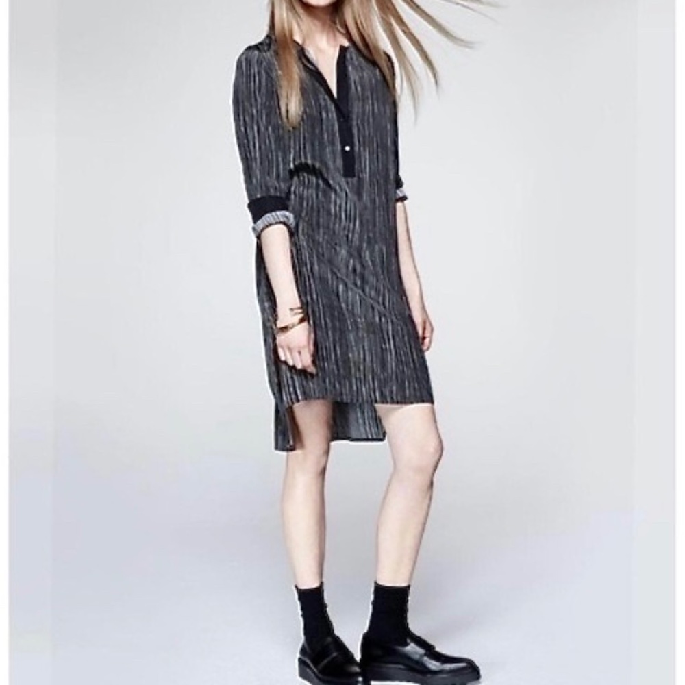 Vince Wavy Stripe Black and White Striped Dress 100% Silk Roll up Sleeves